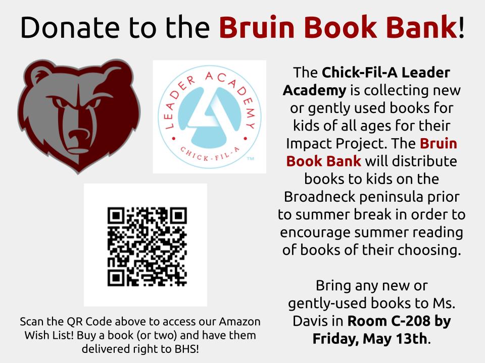 MsWelshAACPS's tweet photo. The deadline to help fill the Bruin Book Bank is quickly approaching! Help the CFA Leader Academy get books into the hands of kids who need them! @BHSAACPS https://t.co/NX8UDcoYKF