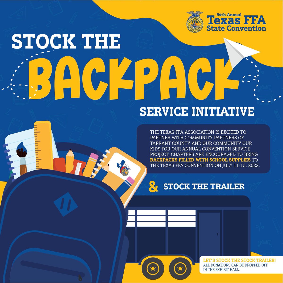 KellerISDFFA's tweet photo. KFFA members and supporters, we will be participating in the Texas FFA Convention service initiative this year by collecting backpacks filled with school supplies! Please bring the items you wish to donate to the KFFA Banquet on May 19 @ KCAL!
#KellerFFA #TexasFFA #CTEinKISD https://t.co/fSSfVEBvBn