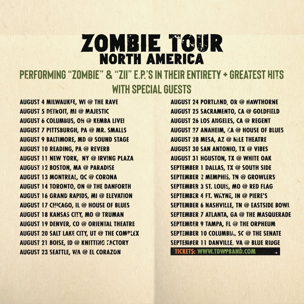 TDWPband's tweet image. 🧟 ZOMBIE TOUR 2022: We’re hitting the road this Aug/Sept across North America with @strayfromdapath + @dyingwishhc  performing our 2 EPs 💿 “Zombie” &amp;amp; ZII”, plus an additional set of Greatest Hits

🎫 Tickets &amp;amp; VIP on-sale this Friday, May 13 @ 10am at 🔗 TDWPBand.com