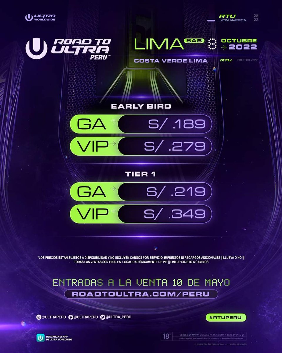 ZeroLive_Pe's tweet photo. Te dejamos los precios para Road to Ultra 2022. Desde mañana a las 9:00am podrás comprar nuestras entradas early bird 🙌🏼
#rtuperu
* Los precios están sujetos a disponibilidad y no incluyen cargo por servicios (12% adicional) https://t.co/V5NdLEPfca