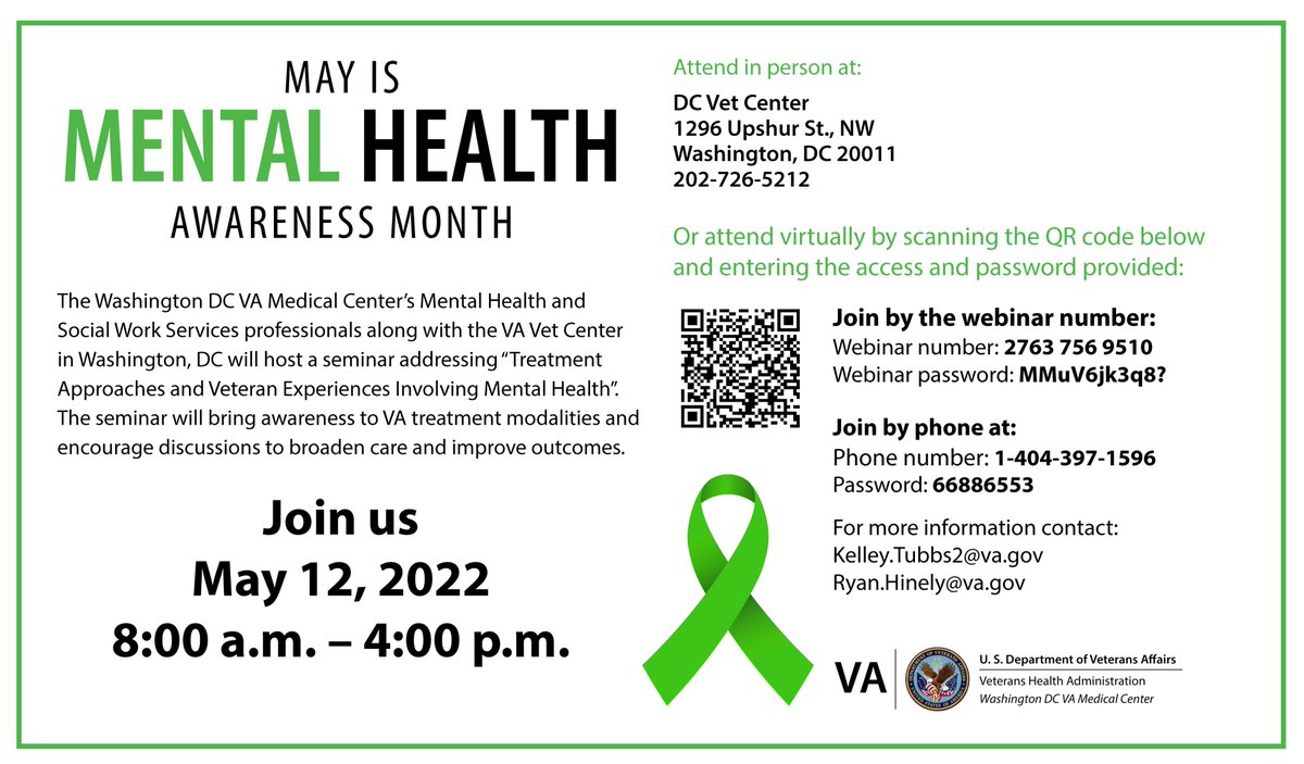 dc_ova's tweet image. The DC VA Medical Center Suicide Prevention Program and the DC Vet Center would like to invite the veteran community to attend their Mental Health Seminar on May 12 from 8-4PM. Please contact Kelley Tubbs or Ryan Hinely for more information.