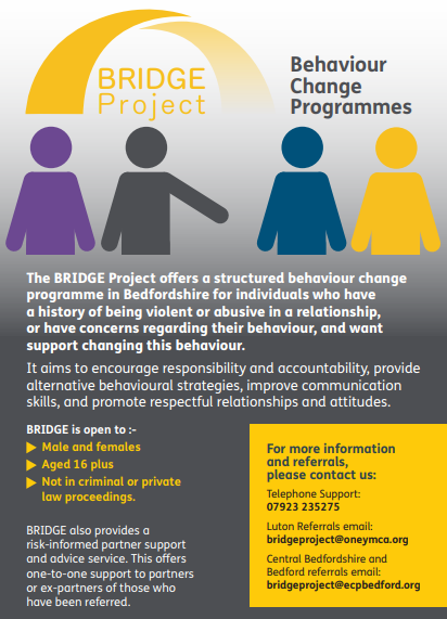 Need another top tip?

Worried about your or someone else's behaviour in a relationship?  Recognise that you could do with some support to change?

Find out more about The Bridge Project <a href="/oneymca/">One YMCA</a> #BridgeProject #DomesticAbuseSupport #bedfordshire