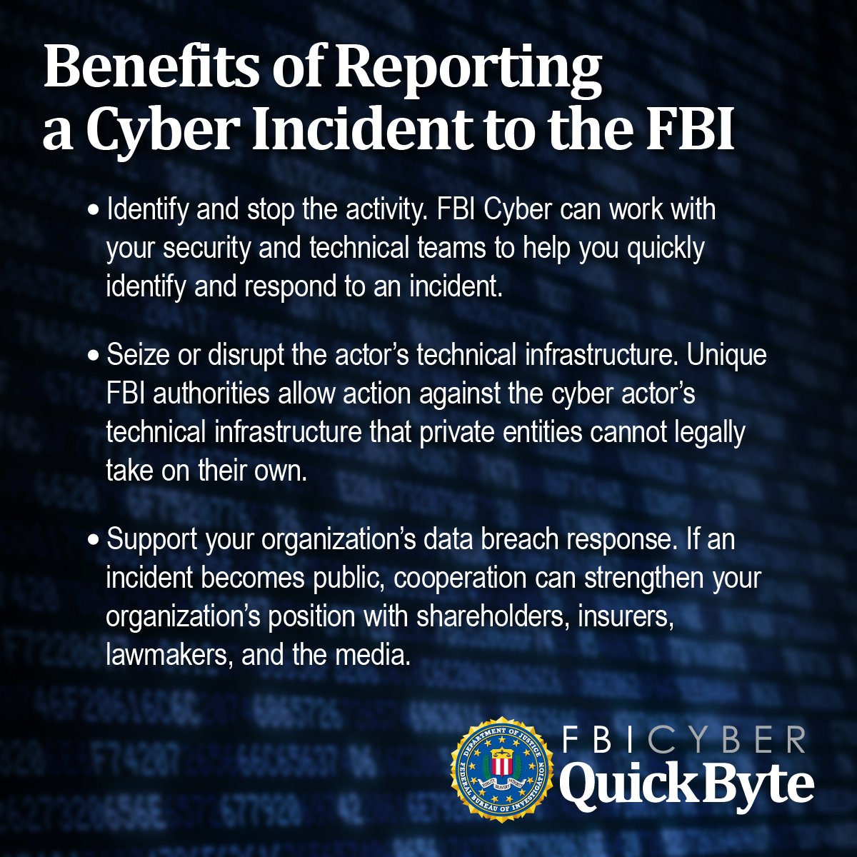 During a #cyber incident, the #FBI’s well-trained workforce can arrive at an affected entity’s doorstep in one hour in the U.S. and in one day in over 70 countries.  That's why we encourage the reporting of these incidents. ow.ly/uzIK50J2Tor