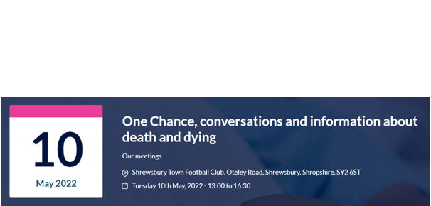 We'll be <a href="/HWShropshire/">Healthwatch Shrops</a> annual event when it returns tomorrow 10 May, 13:00 - 16:30 at Shrewsbury Town FC..
Our End of Life team will be represented by <a href="/JulesLewis6/">Jules Lewis RGN MSc 💙🦢</a> and we're looking forward to a really interesting afternoon
Register here: bit.ly/3N4QTKv
#HWSOneChance