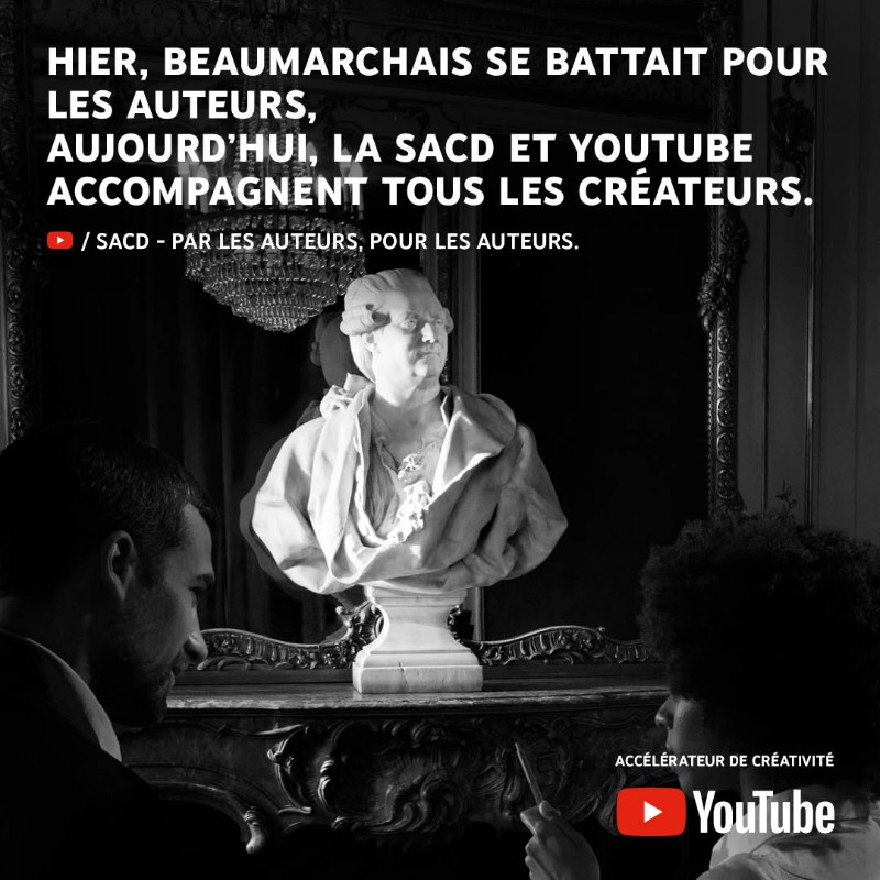 YouTube's tweet photo. Beaumarchais défendait les auteurs. YouTube et la SACD accompagnent tous les créateurs. Plus d'infos sur l'impact de YouTube sur https://t.co/fZ3o8kLZjc