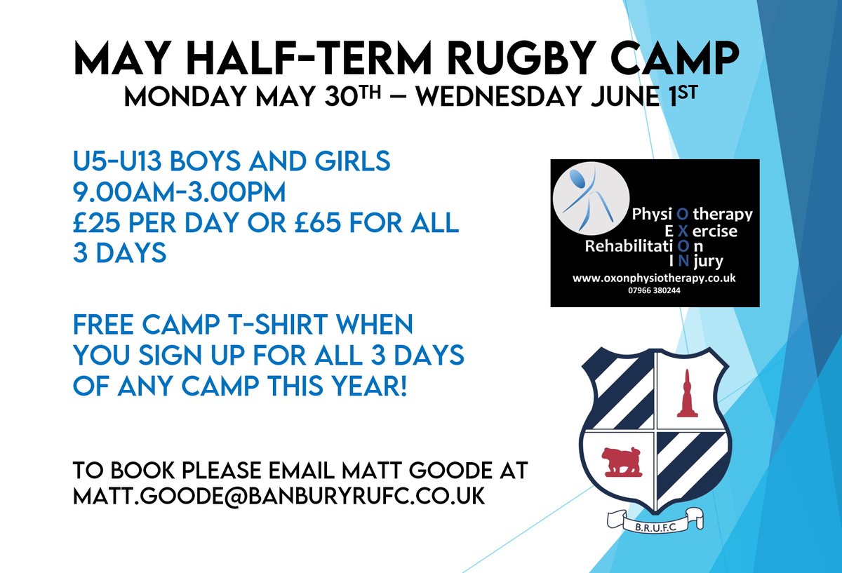 BanburyRUFC's tweet photo. May Half-term Rugby Camp at Banbury RUFC! Following two awesome camps over Easter we’re happy to announce we’ll be running another camp at the end of the month. 

Looking for something to do this May half-term?! Come join us for some rugby skills and sports fun https://t.co/vHXQ1Lpl4P