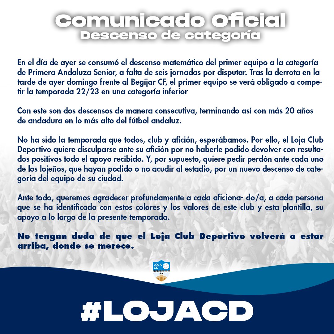 LojaCD's tweet photo. ๐ต COMUNICADO OFICIAL: Descenso matemรกtico de categorรญa.
#LojaCD https://t.co/xOZ4RPyDZR