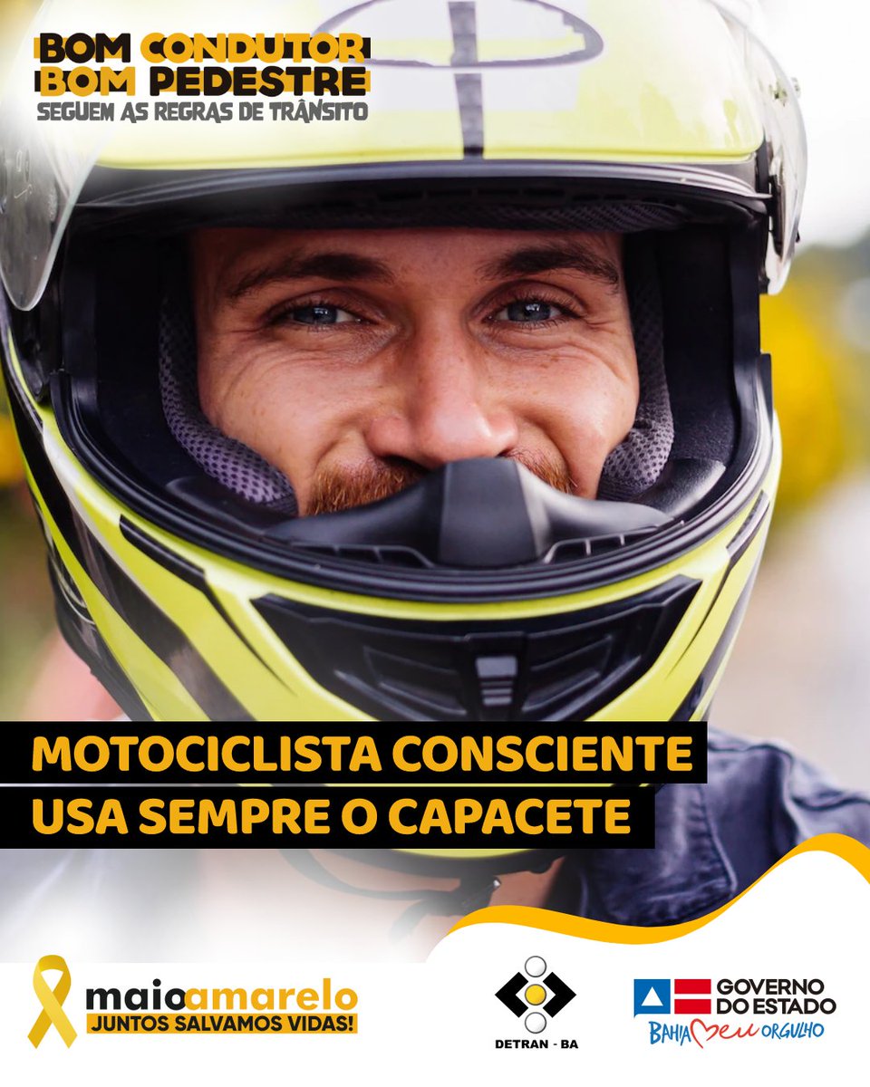 DetranBahia's tweet photo. O capacete é instrumento essencial para sua proteção. Seja consciente, preserve sua vida utilizando o capacete.
#DetranBA #GovernoDaBahia #Motociclista #Capacete #Consciente https://t.co/MNVDNEDp2E