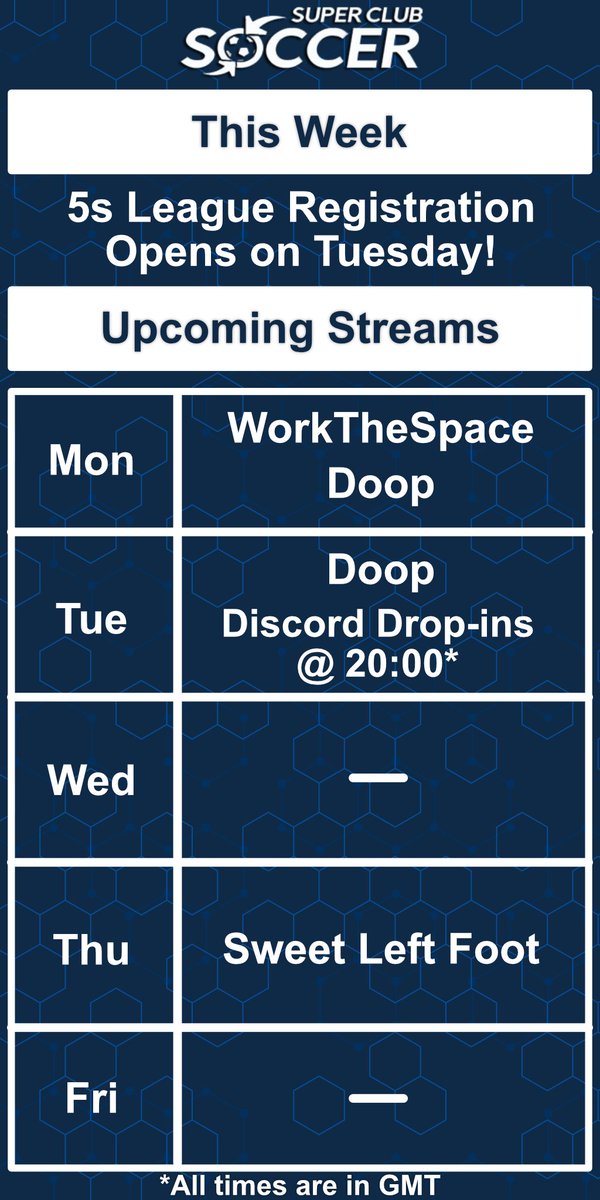 SuperClubSoccer's tweet photo. Lots happening this week with the return of @WorkTheSpace tonight, along with @FMDoop, and @SweetLeftFootFM jumping on later in the week. Doop may be streaming on Thursday evening so keep an eye out for that too! Follow the guys to know when they go live with #SCS this week! ⚽️ https://t.co/3dY7sjYCYL