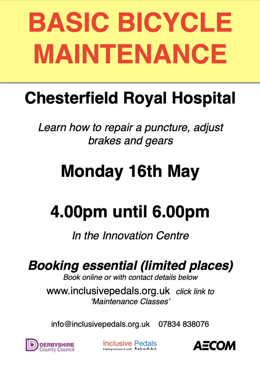 Only 2 places left for CRH, DSFS or RPC staff on the Basic Bicycle mainatenance workshop next Monday. See poster to book a place. <a href="/DSFS_Ltd/">Derbyshire Support & Facilities Services Limited</a> <a href="/royal_acute/">Chesterfield Royal Hospital Acute Care-unit</a> <a href="/RoyalPrimary/">Royal Primary Care</a>
