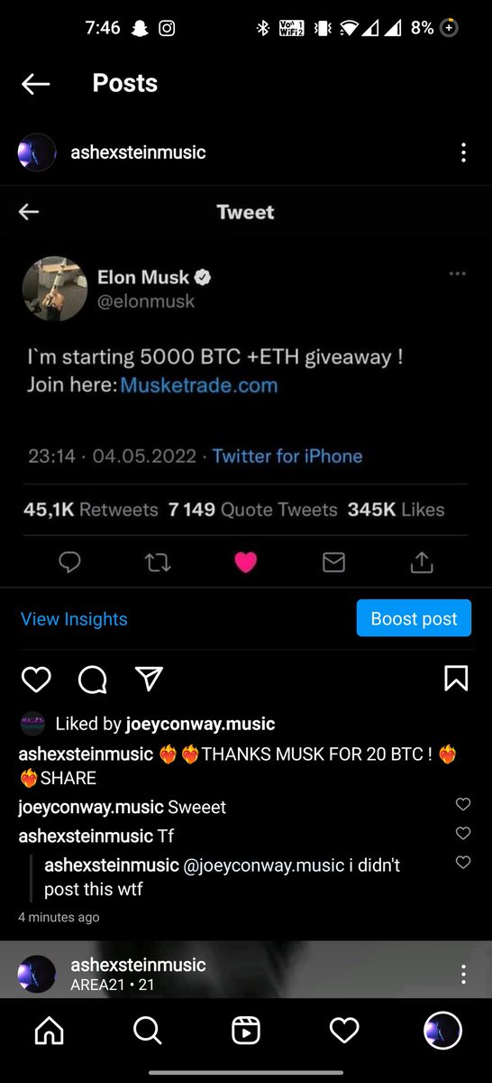 Ashexstein7's tweet photo. Idk how but someone posted this from my Instagram account what's happening??!?! The caption uses emojis that are of IOS and i use Android @elonmusk what's happening any idea? https://t.co/i5Qypuaste