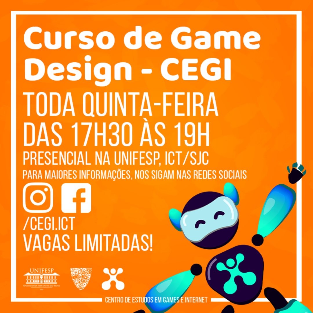 unifesp's tweet photo. O curso presencial do Cegi/#Unifesp apresentará os conceitos fundamentais para criação de #jogos eletrônicos. São oferecidas apenas 36 vagas, garanta já a sua: https://t.co/O6hO5dcFM0. #somosunifesp #unifespsjc #ict #cegi #gamedesign #tecnologia @ict_unifesp https://t.co/R3UTeCOjZa