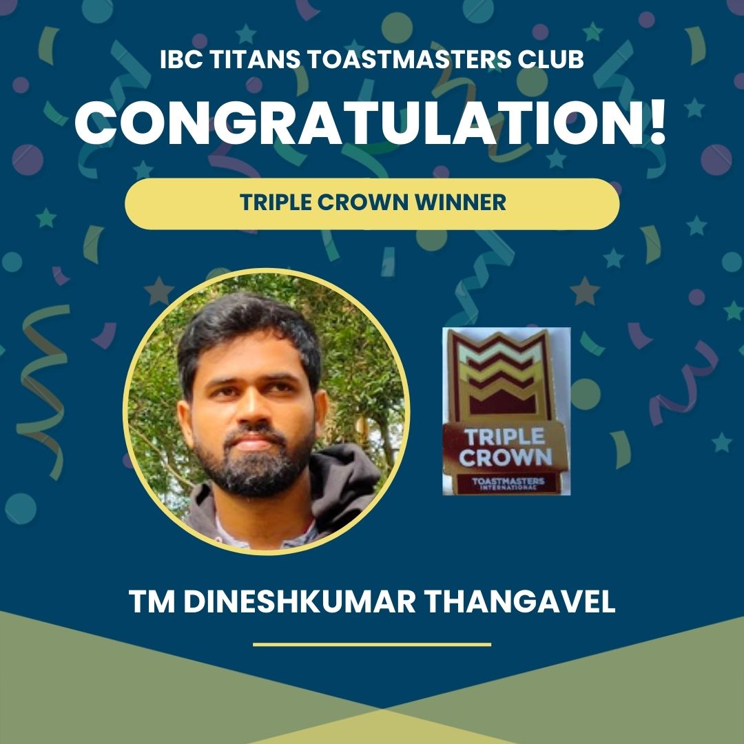 IBCTitans's tweet photo. Double DTM Award! 
DTM Vanitha🙏

Triple Crown Winner! 
TM Dineshkumar🙏

Super 7 Award!

#triplecrownwinner #halloffame #distinguished #toastmasters #publicspeaking #toastmastersinternational #leadership #communication #toastmastersclub #whereleadersaremade #publicspeaker #bhfyp https://t.co/rsKb24sNlV