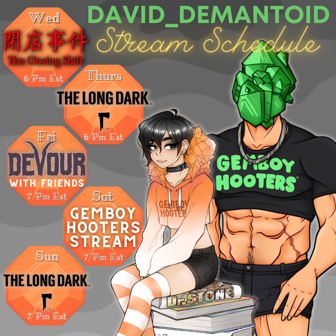 David_Demantoid's tweet photo. This Weeks Stream Schedule! We'll see you all there!
#TheClosingShift #TheLongDark #Devour #Femboy #femboyhooters #gaymer #himbo #fridaycryday #vtuber #VTuberUprising
.
Twitch Link: https://t.co/nEEPa1QJJ9 https://t.co/R5h3CRSjFo