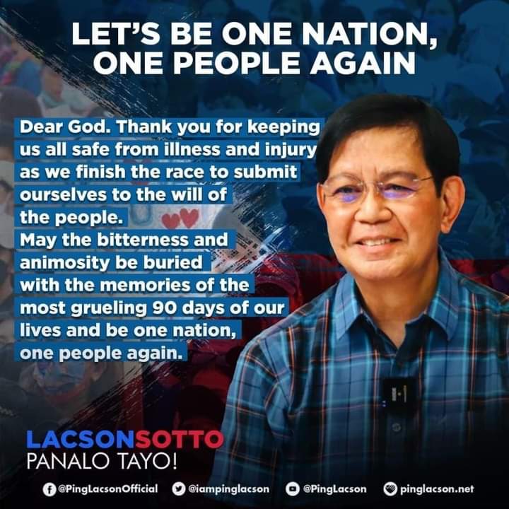 ricsimeon's tweet photo. Same with our candidate, we, the supporters of  Sen Ping Lacson, are also at peace as we know deep in our hearts that we remained committed to a principled, decent, &amp; well-intentioned campaign. 🇵🇭Thank you and God Bless the Ph🇵🇭 at Maraming salamat sa aming mga kakamping Tunay🙏 https://t.co/EhsebMrtJp