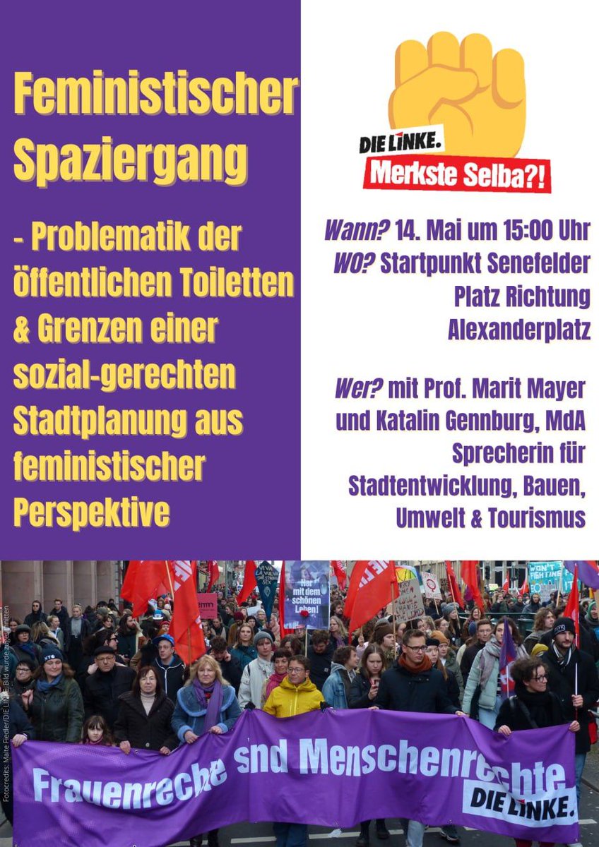 Diesen Samstag macht der Frauen*Stammtisch Pankow und Kooperation mit <a href="/MerksteSelba/">Merkste Selba?!</a> einen Feministischen Spaziergang zur Problematik der öffentlichen Toiletten und sozial-gerechter Stadtentwicklung. Kommt vorbei!✊🚩