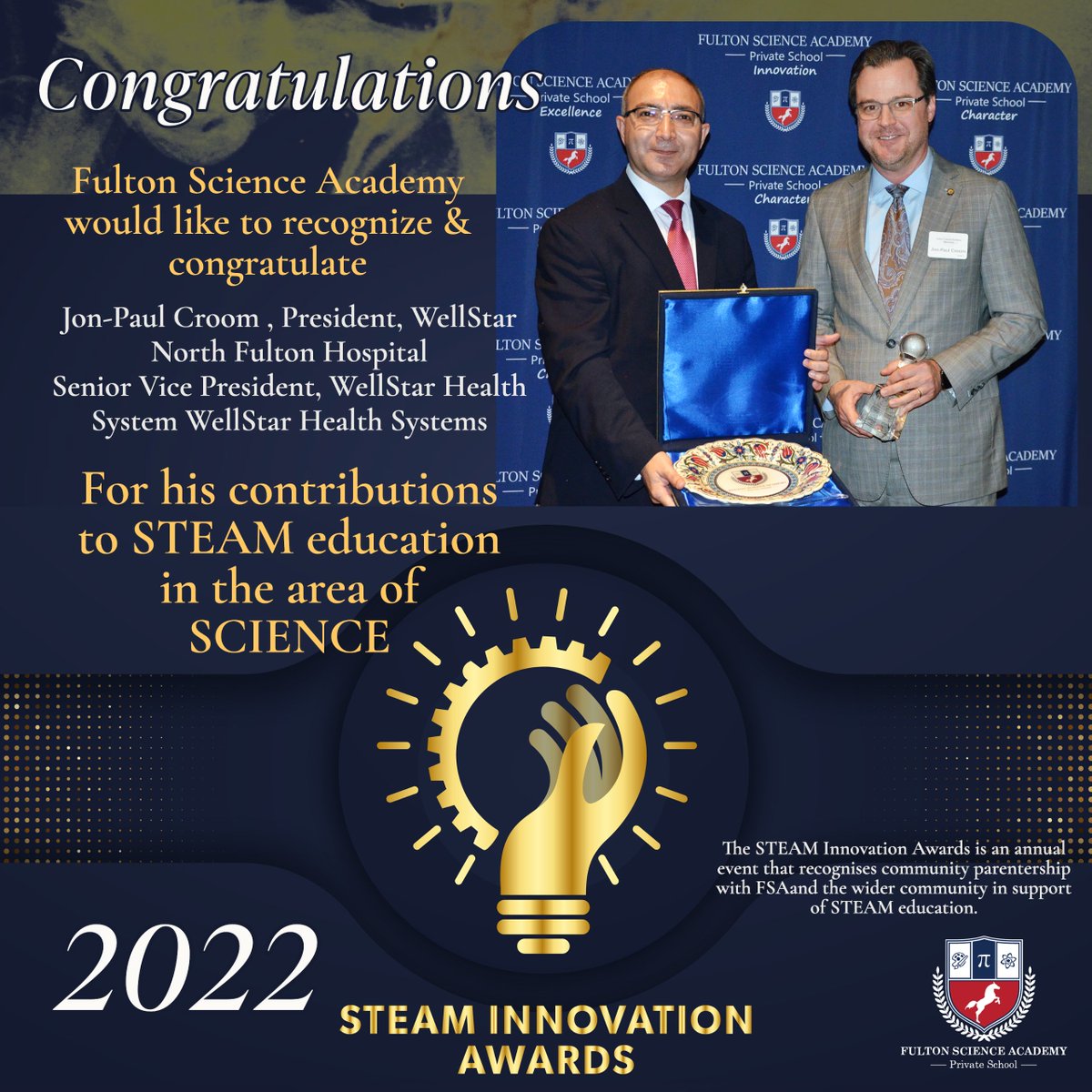 FSAPrivate's tweet photo. At the 2nd Fulton Science Academy STEAM Innovation awards (2022) held on May 4th, various community members were recognized for their contributions to STEAM education under each letter of STEAM. for SCIENCE. #wellstar #STEAMeducation #innovation #fultonscienceacademy https://t.co/Xwmp1wBjfG