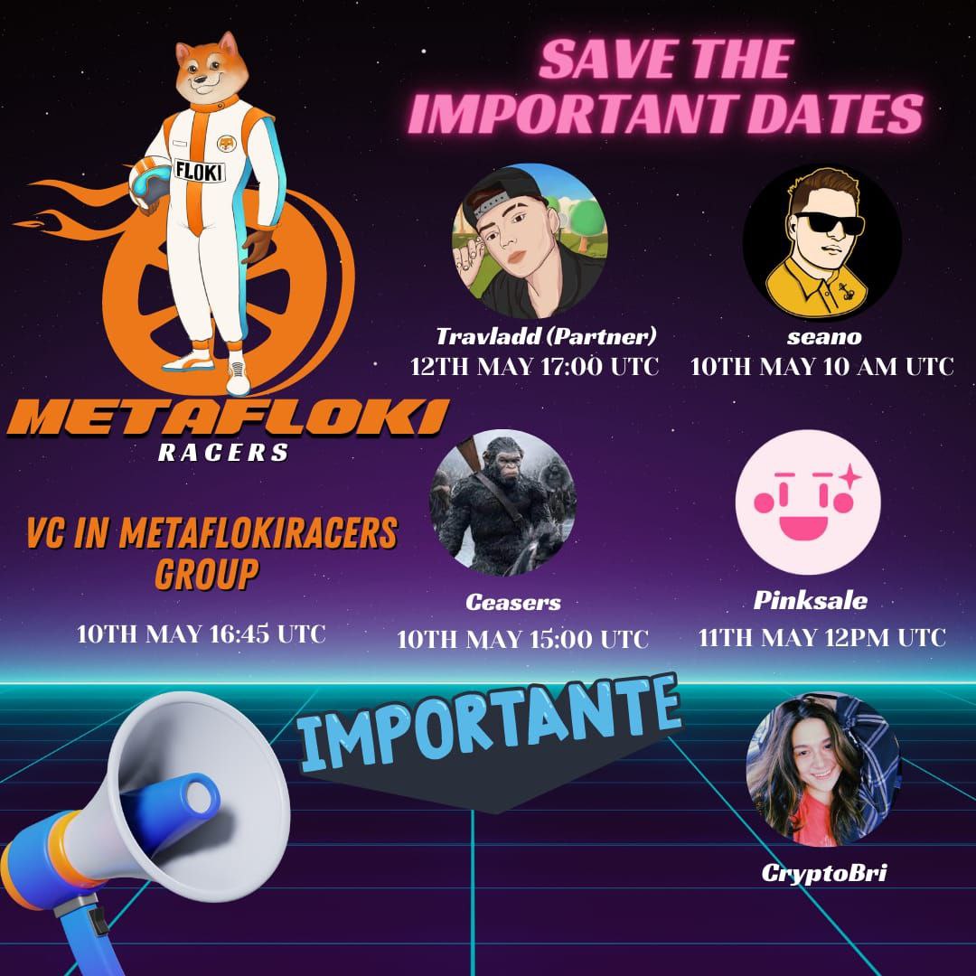 🔥 FAIR LAUNCH SALE starting 10 MAY at 5 PM UTC.  
🔥 GAME IS LIVE.
🔥 NO VESTING FOR INVESTORS
🔥 NFT MARKETPLACE IS LIVE
🔥 UPCOMING STAKING 1,000,052.25%
🔥 BIG TWITTER INFLUENCER 

pinksale.finance/#/launchpad/0x…
t.me/metaflokiracers