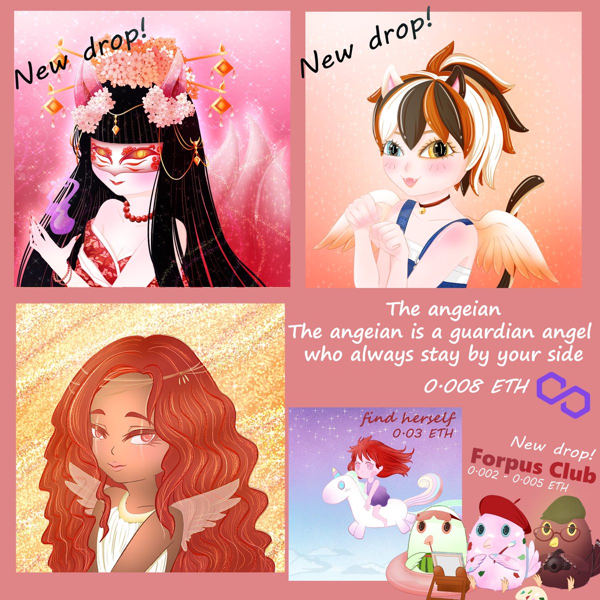 Update! 🥳
The angeian - New drop!
opensea.io/collection/the…

Find herself
opensea.io/collection/fin…

Forpus Club - New drop! (94/100)
opensea.io/collection/for…

Hearty Group
paras.id/collection/hea…

#nft #nftart #nftcommunity #nftartist  #nftcollector #nftdrop #NFTpolygon