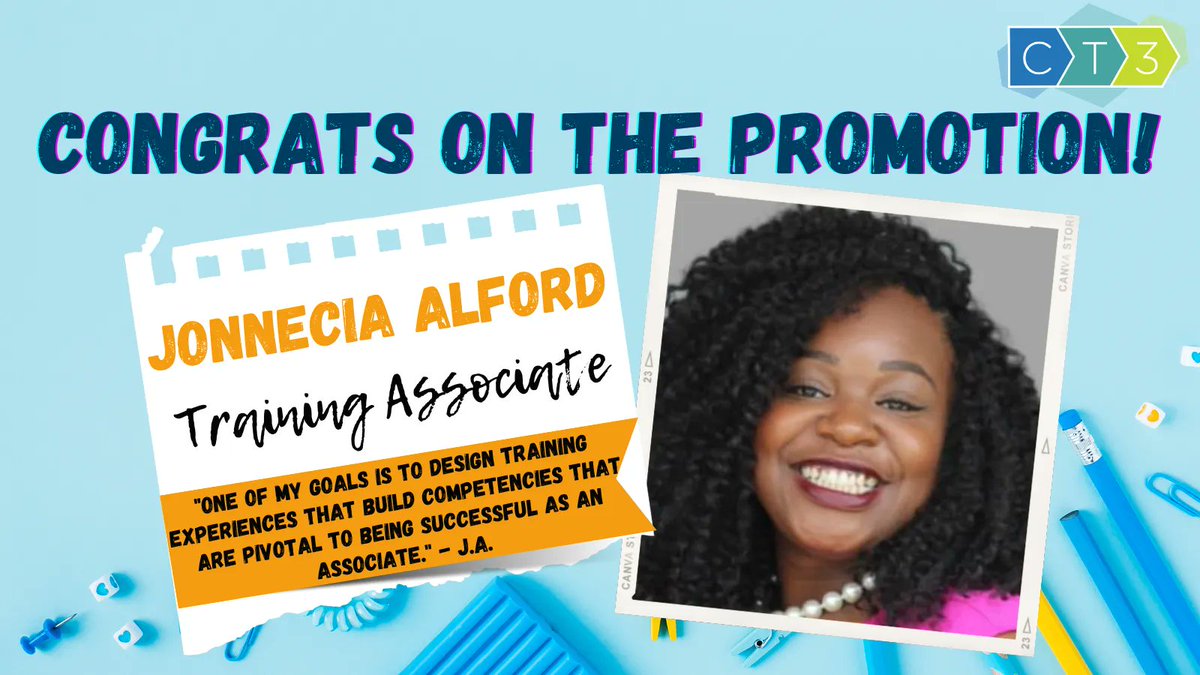 CT3Education's tweet photo. Congrats to Jonnecia Alford on becoming a Training Associate!
We can't wait to see the positive impact you'll have on future Associates. Read about all of the promotions and positions here: https://t.co/hHCvGAIRVk #team #promotingfromwithin #promotions #CT3Ed #MakeItHappenMonday https://t.co/ABHiFiG1Xa
