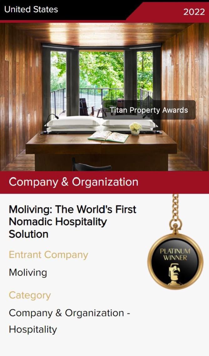 SGHcorp's tweet photo. We’re proud to have lead an investment round for Moliving, Inc., a luxury nomadic hospitality solution that is disrupting the industry. Check out some of their recent awards, so proud to work alongside them! #Moliving #SGBlocks #BuildForTheWorld https://t.co/H3uPZhVIhO