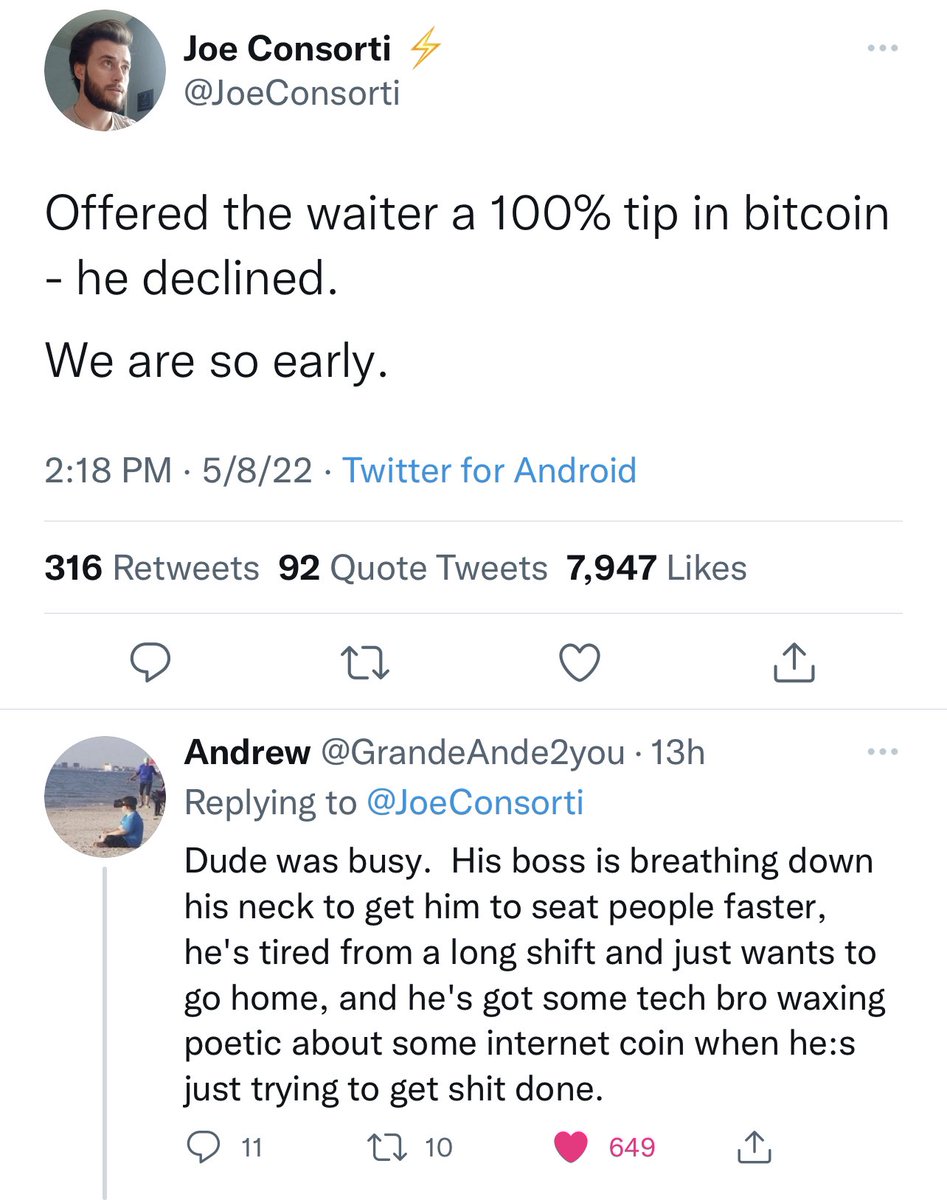 gainzy222's tweet photo. Crypto is mainstream you braindead dolt, you’re not early to anything. The waiter declined because the difference between a 20% tip and a 100% tip was pocket change.

Do it with a 2k+ bill and all waiters will accept. But you don’t eat at those places. Because you’re late to btc. https://t.co/ddMT0xmFms