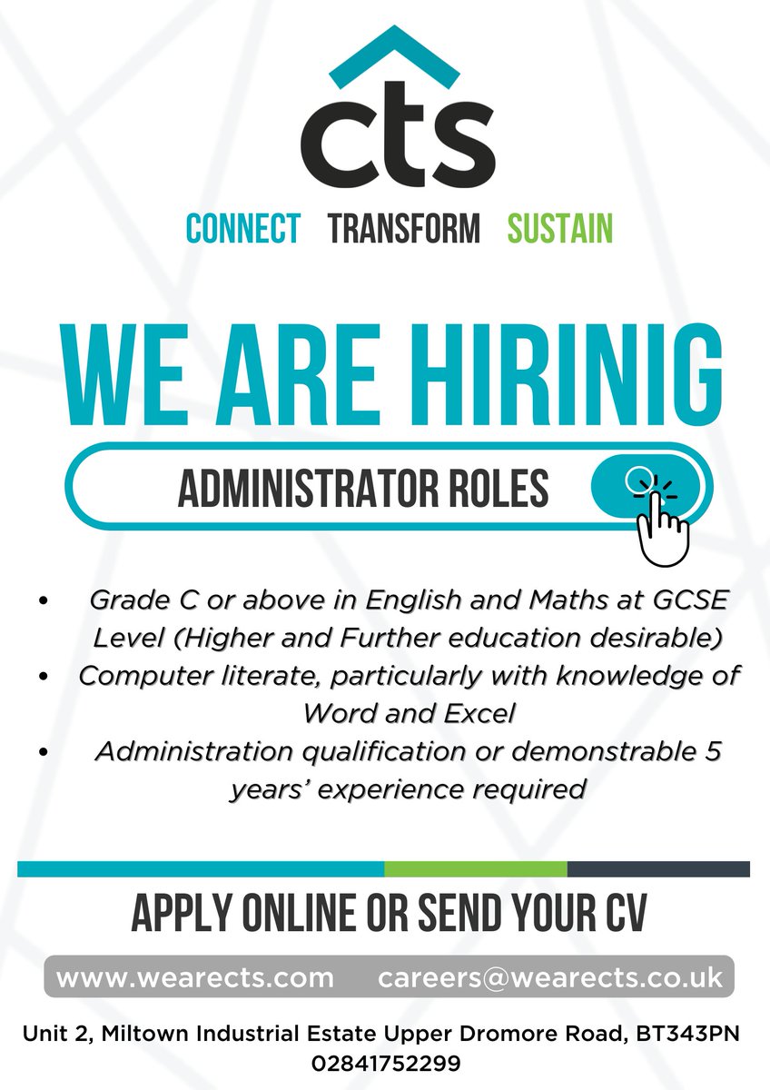 CTSWeAre's tweet photo. JOIN OUR TEAM!๐จโ๐ผ
CTS are currently on the hunt for Administrator's.
If you think you would be good fit for this role, please visit our website https://t.co/xGk9a5sa05 or send an email to careers@wearects.co.uk.
#JobOpportunity #TeamCTS #Hiring https://t.co/QGlkTZCTKB