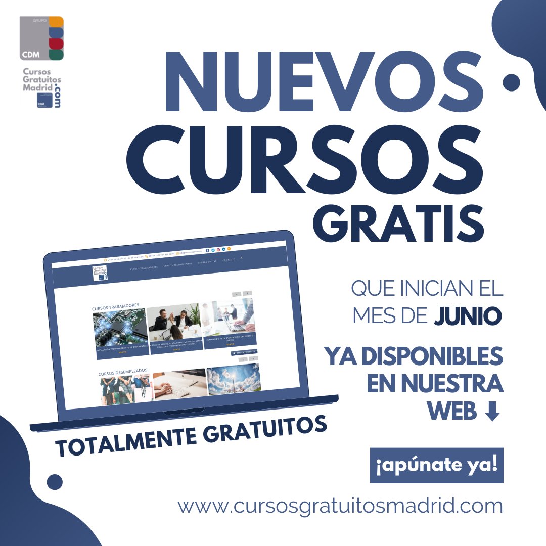 madrid_cursos's tweet photo. 🔴 ¡NUEVOS CURSOS DISPONIBLES EN NUESTRA WEB! 🔴

Mensualmente salen nuevos cursos de Comunidad de Madrid en nuestra web 😍, los cursos que inician el mes de JUNIO ¡ya están disponibles! 👏

Conoce todas las novedades y reserva tu plaza 👇
https://t.co/Xbf9pRLV0U https://t.co/uJ3Ty05sxc