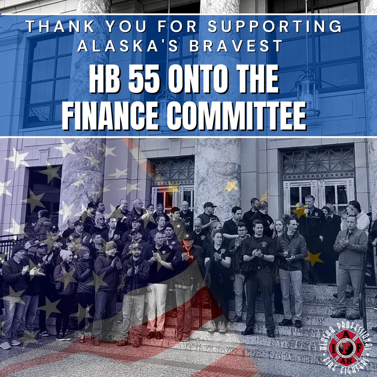 AKPFFA's tweet photo. #HB55 is moving through the #akleg &amp; is now w/ the Finance Committee
A huge THANK YOU to our legislators for continuing to back a secure retirement for public safety officers 👏👏
#keepalaskahome 
@SenStedman @VoteVon @SenWielechowski https://t.co/UlNlVkQSe9