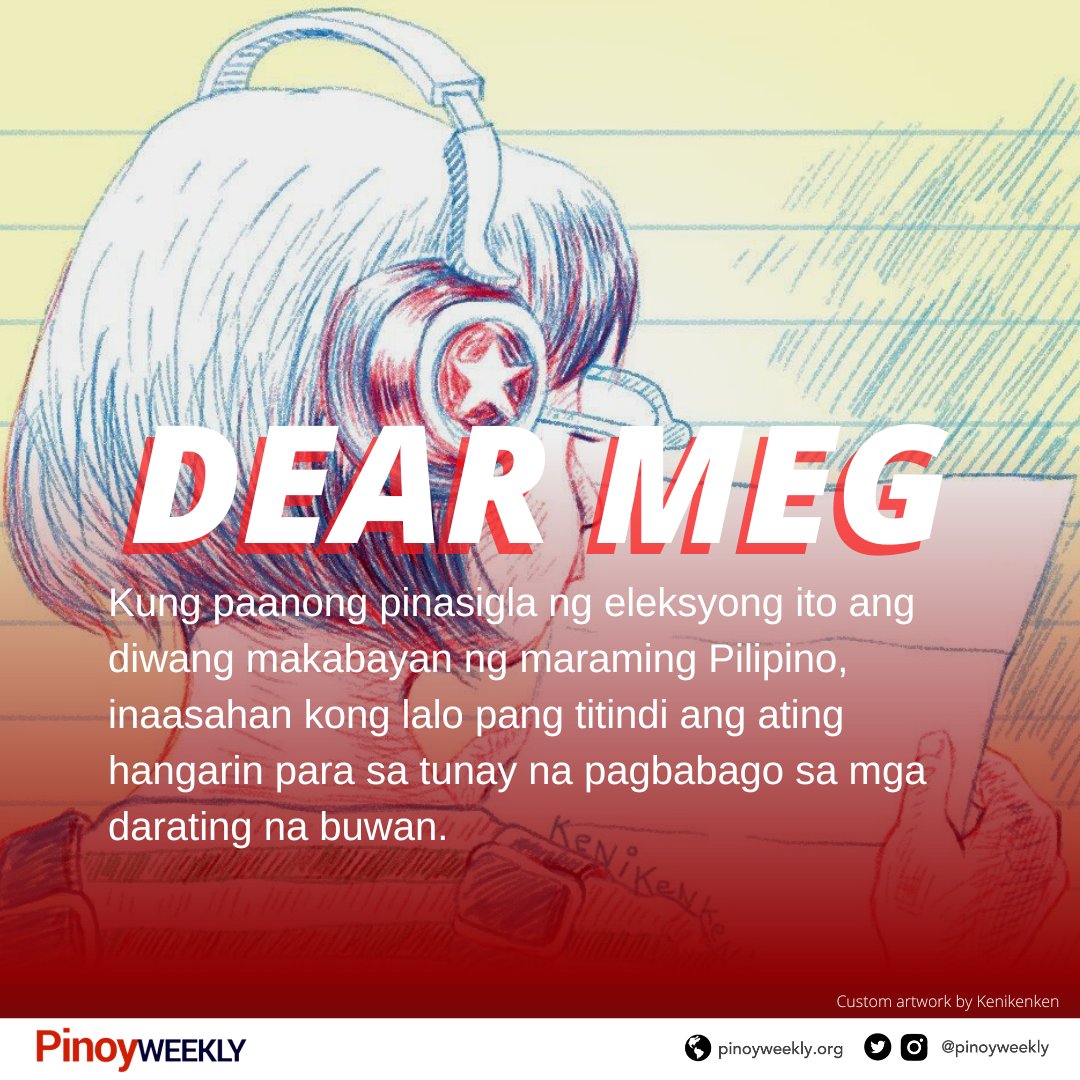 pinoyweekly's tweet photo. Mayo 7, sinagot ni Dear Meg ang isang natanggap na tanong: Paano ko pakakalmahin ang sarili ko sakaling manalo nga [si BBM]?

Dear Meg: Una sa lahat, isang mahigpit na yakap sa iyo at sa lahat ng mga kasamang balisa ngayon.

BASAHIN: https://t.co/tzVNfSbynP https://t.co/1xUx8j3bY5