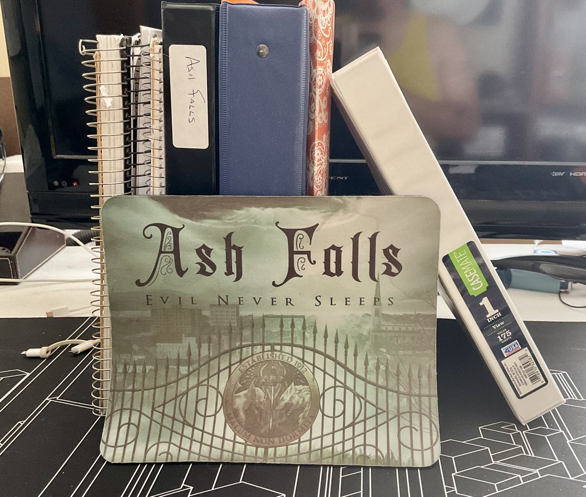 tjschofield's tweet photo. @ClaytonSnyder2 Ash Falls worldbuilding materials so far. So, to answer your question, “Not yet.” 😉 https://t.co/fv4eoIZ3UF