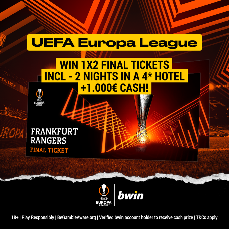 bwin's tweet photo. 🎟️ UEFA Europa League final ticket raffle 🎟️

Like and/or comment on this post and follow @bwin_UK. 

🎩 Get entered into a draw to win a pair of tickets to Frankfurt vs Rangers, 2x nights in a 4* star hotel in Seville and £1000 credited to your bwin account.

Full details 👇