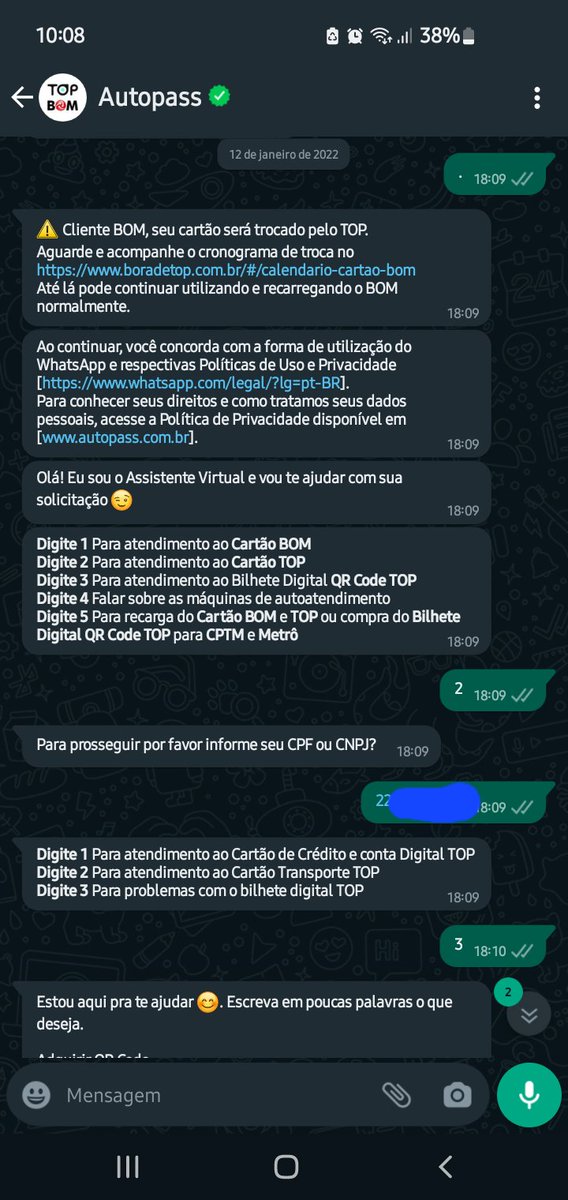 regis0409's tweet photo. Bora explanar a incompetência da @BoradeTop?
Estou desde janeiro/22 tentando utilizar o app TOP e venho fazendo contato frequentemente com o atendimento via Whatsapp. O primeiro foi realizado em 12/01 quando reporto o problema ocorrido ao tentar logar. https://t.co/M9Im9cYriE