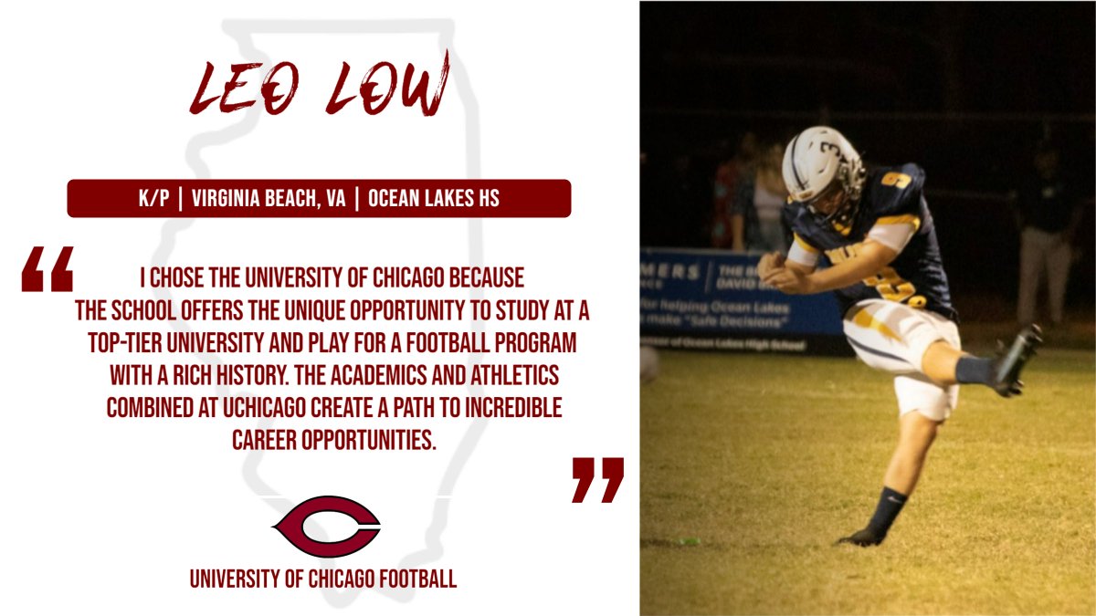UChicagoFB's tweet photo. Leo Low - K/P - Ocean Lakes HS, VA
Highlights🔗https://t.co/5UmC0fbIwR https://t.co/0j3lTGt3wr