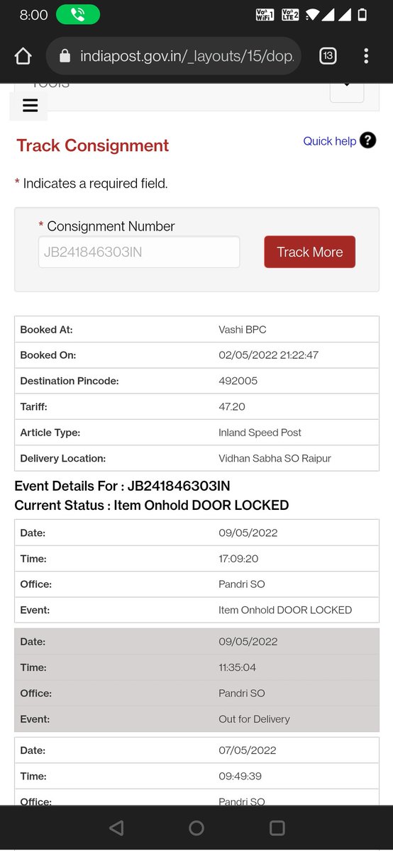 VSatpathi's tweet photo. I was waiting for my parcel whole day and the postman denotes door Locked. 
Very poor service. 
@IndiaPostOffice @AshwiniVaishnaw https://t.co/B4qFbH5SPX