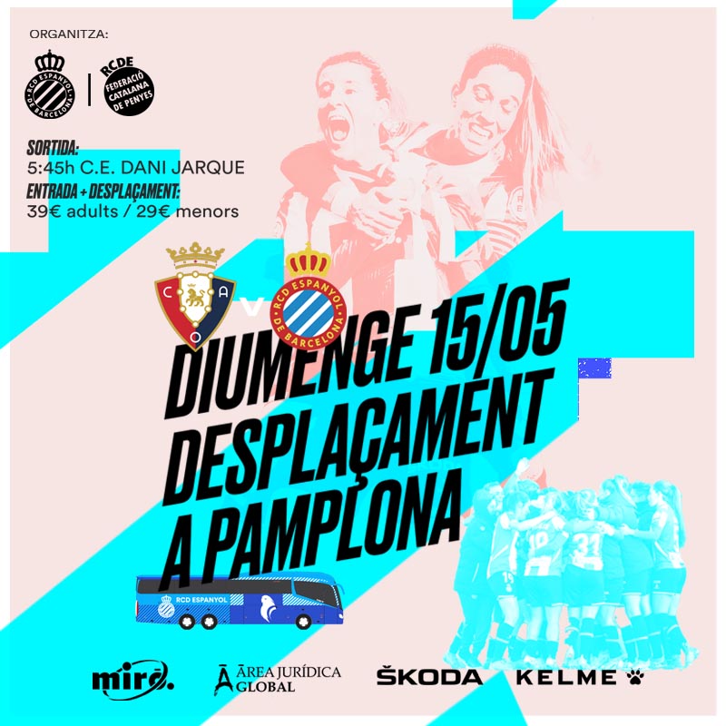 RCDEFemeni's tweet photo. 🚍 Vine a animar a l’@RCDEFemeni a El Sadar!

El Club i la @fcp_espanyol organitza desplaçament + entrada pel partit contra el @CAOsasuna 

🎟Entrada + bus: 39€ (menors d’edat, 29€)

Més info 👇 #RCDEFem
