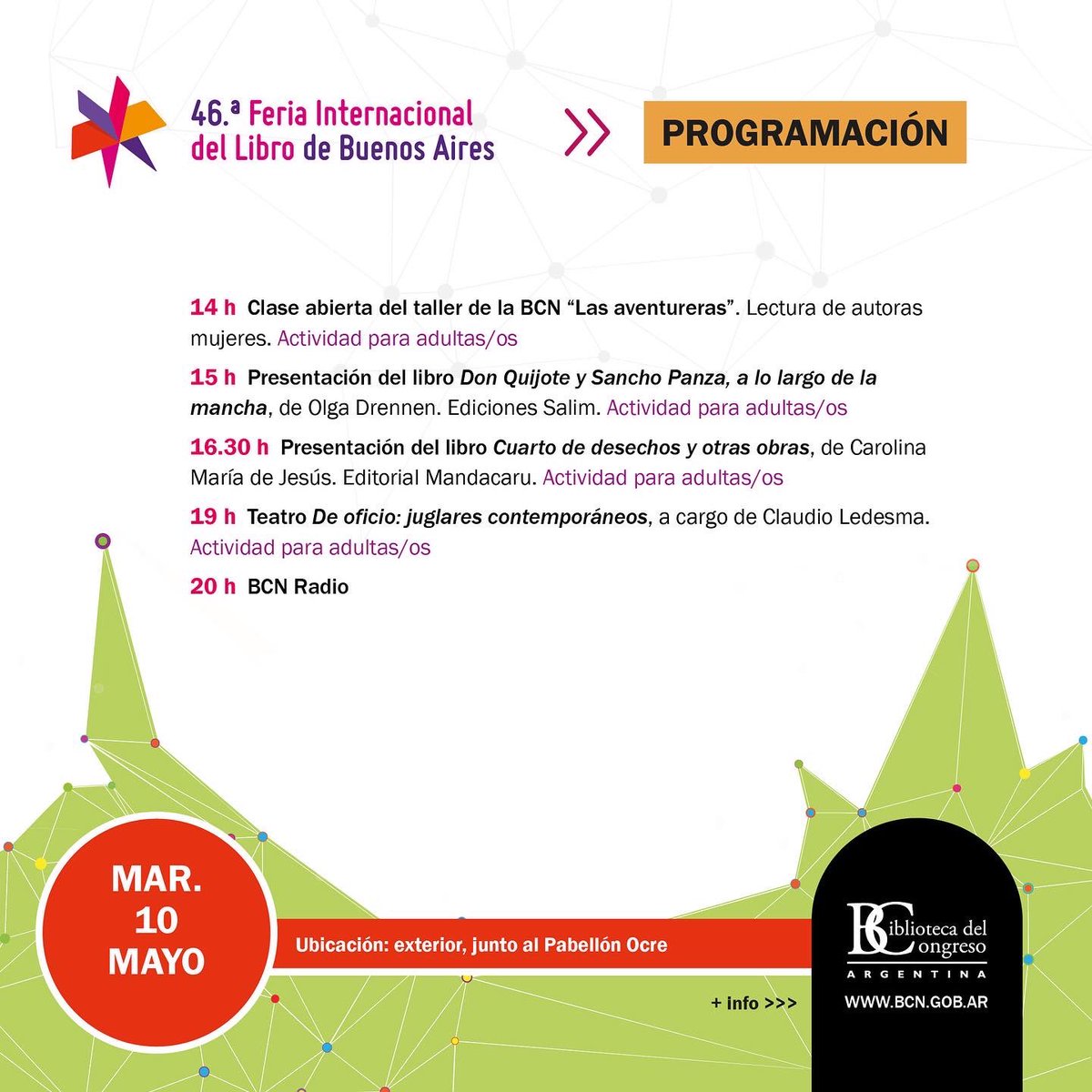 BCNArgentina's tweet photo. 📕 🎊 La BCN en la 46º Feria Internacional del Libro de Buenos Aires
Mirá las actividades de la semana en el stand de la BCN
📌 Sector exterior, Pabellón Ocre, Predio Ferial La Rural
#BCNenlaFIL #FILBuenosAires #FeriaDelLibro #FIL2022 #StandBCN #volviolaferia https://t.co/OVLqFNhvvB