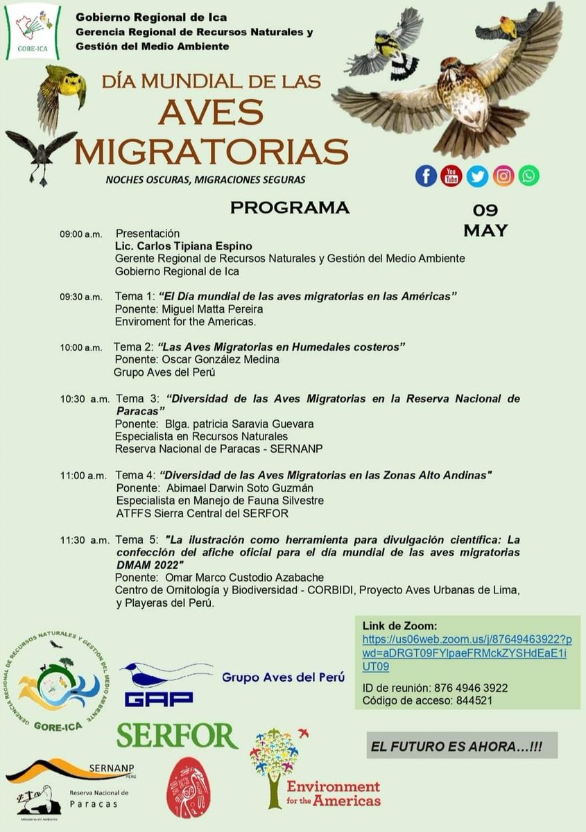 playerasdelperu's tweet photo. #GOREICA #GRRNGMA #GAP
📌 El Día Mundial de las Aves Migratorias lunes 09 de mayo del 2022 a horas 9:00 a.m. 
Link de Acceso: https://t.co/NAovSOnqpy...
ID de reunión: 876 4946 3922
Código de acceso: 844521
#diamundialdelasavesmigratorias @enviroamericas https://t.co/u4bNTLyPuq
