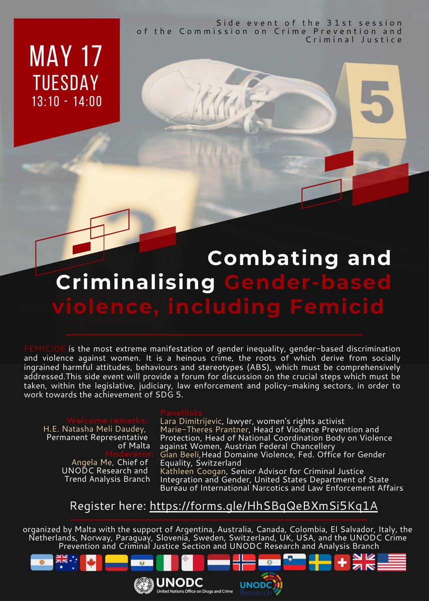 MaltaEmbVienna's tweet photo. 🇲🇹 will host the side event “Combatting &amp; Criminalizing Gender-Based Violence, including Femicide” at the #CCPCJ31. Join us Tue 17/5 at 13:10, as we examine what can &amp; should be done to #endviolenceagainstwomen #endGBV
Register➡️ https://t.co/6cyEKfa1vI 

@MFEAMalta @UNODC @CCPCJ https://t.co/NSwVXcIGGQ