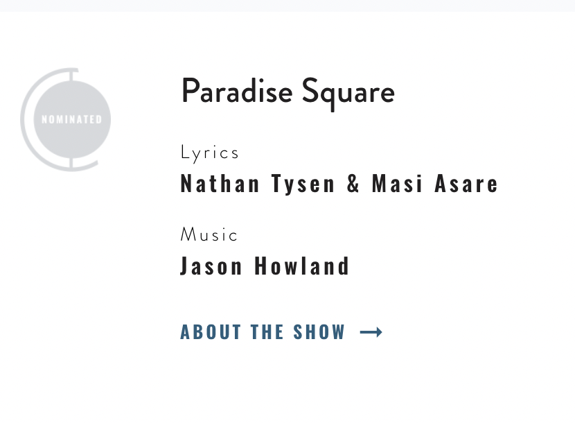 CONGRATULATIONS to <a href="/NUtheatre/">Northwestern Theatre Department</a> Assistant Professor, Masi Asare (<a href="/masiasare/">Masi Asare</a>) for her Tony nomination for Best Original Score, PARADISE SQUARE!  💜🎉<a href="/NU_SoC/">NU School of Comm</a> <a href="/NorthwesternU/">Northwestern</a> tonyawards.com/nominees/