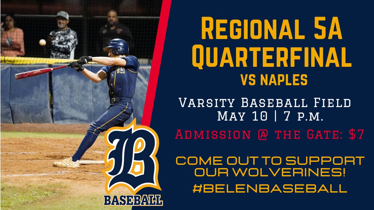 belenathletics's tweet photo. Tomorrow night the Varsity Baseball team will play at the Regional 5A Quarterfinal vs Naples. The game is at home at 7 p.m. and tickets are $7 at the gate. Come out and support our Wolverines!
#BelenBaseball ⚾️💙💛 #GoWoverines https://t.co/y87mUHMoFa