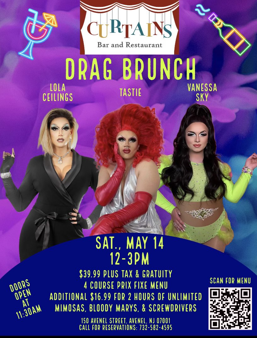 𝐂𝐔𝐑𝐓𝐀𝐈𝐍𝐒 𝐃𝐑𝐀𝐆 𝐁𝐑𝐔𝐍𝐂𝐇 💃✨
Reservations are almost full. Be sure to book your table by calling (732)582-4595. For more information, visit curtainsrestaurant.com.

#avenelperformingartscenter #APAC #curtainsbarandrestaurant #dragbrunch #drag #brunch