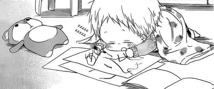 Happily drawing in the art book that Iza-Nii bought for him today though feeling a little drowsy since it's past his bedtime.