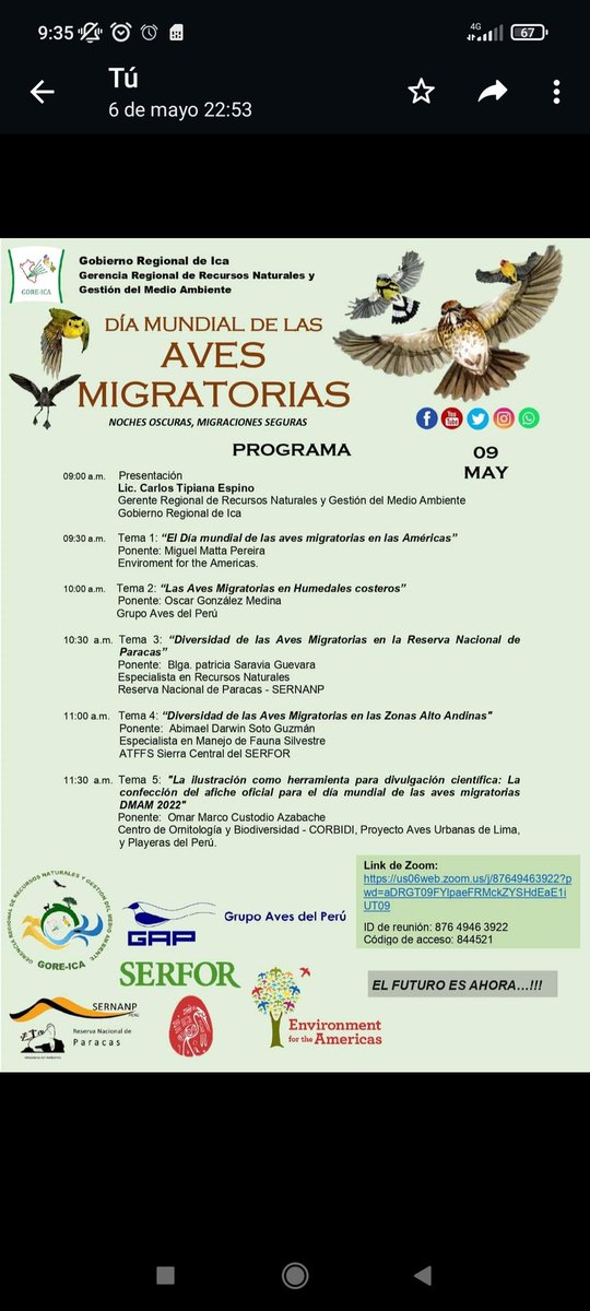 Prisko__'s tweet photo. #GOREICA #GRRNGMA #GAP
📌 El Día Mundial de las Aves Migratorias lunes 09 de mayo del 2022 a horas 9:00 a.m. 
Link de Acceso: https://t.co/dvVGaYilaj...
ID de reunión: 876 4946 3922
Código de acceso: 844521
¡Todos los días es el Día de las Aves! 🦅 https://t.co/hCjeoSVsvY