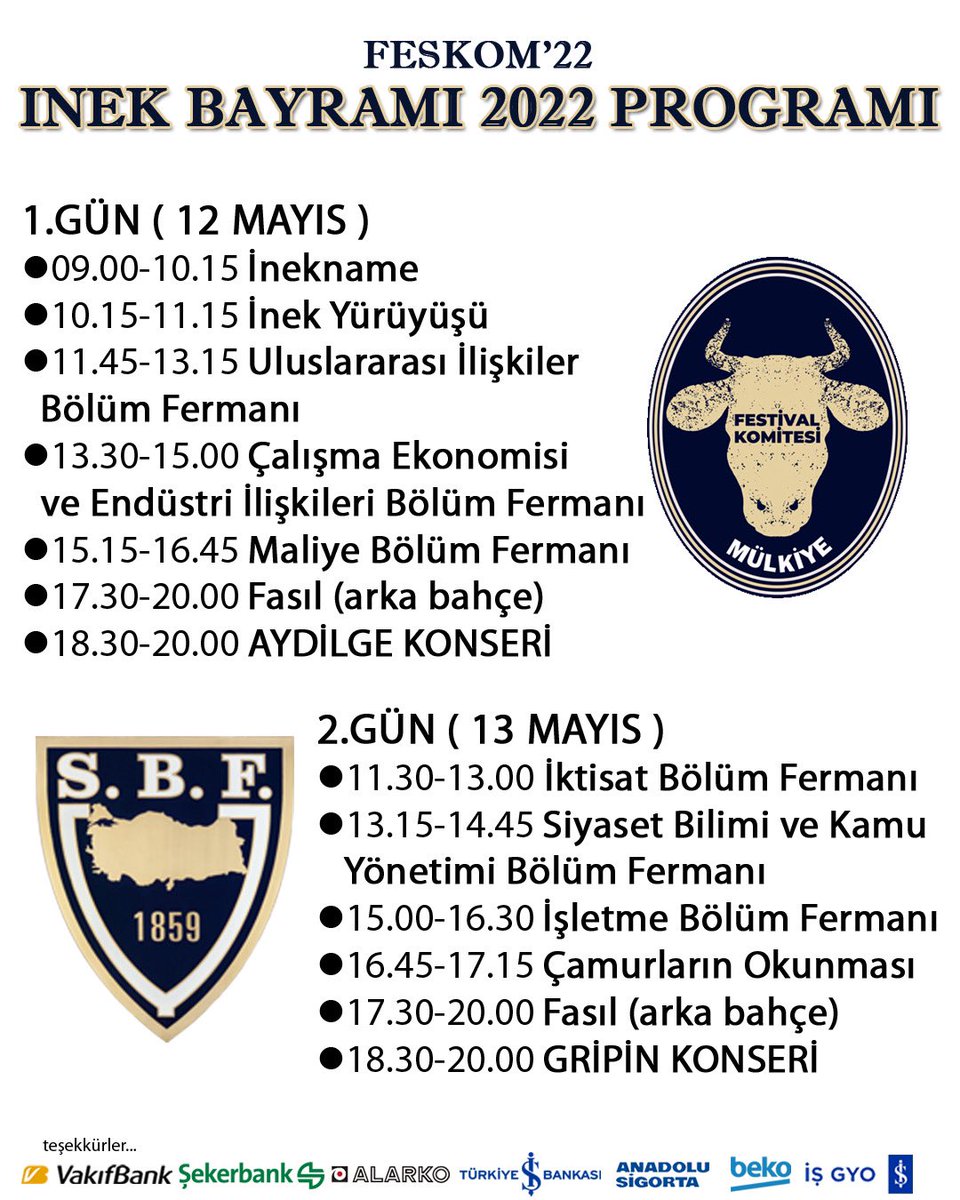 Fes_Kom's tweet photo. İnek Bayramı 2022 Programı.

Her sene olduğu okuldaki program sonrası @mulkiyelilerbirligi bahçesi açık olacaktır.🥳 https://t.co/zUQWVRPrZV