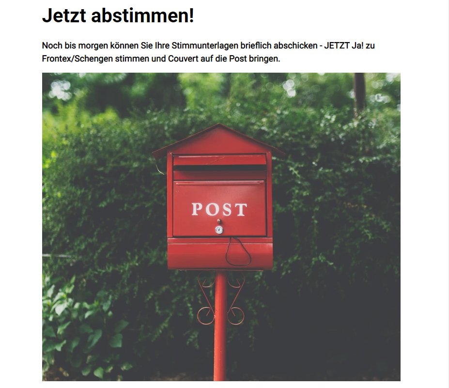 wirtsch_komitee's tweet photo. Jetzt abstimmen - nur noch diese Woche können Sie 𝙅𝘼❗ 𝙯𝙪 𝙁𝙧𝙤𝙣𝙩𝙚𝙭/𝙎𝙘𝙝𝙚𝙣𝙜𝙚𝙣 sagen. Nicht verpassen.
@Frontex_Ja #FrontexJA #SchengenJA #abst22
https://t.co/9qBffsqF6b https://t.co/LxSTI83tsb