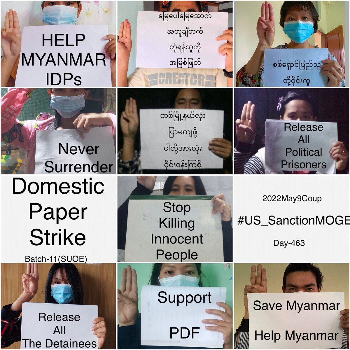 PyaePhyoKyaw322's tweet photo. 10 CDMer teachers, BEd [Batch-11], from Sagaing University of Education staged an anti-coup domestic strike as 463rd day.  #2022May9Coup #US_SanctionMOGE #WhatsHappeningInMyanmar https://t.co/SDnRYYC7z7