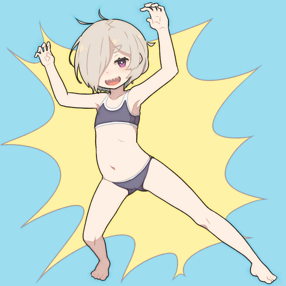 片目隠れお腹ぽんぽんちゃんです！！
何も考えないで描くと「がおー」のポーズになりがちです…！！