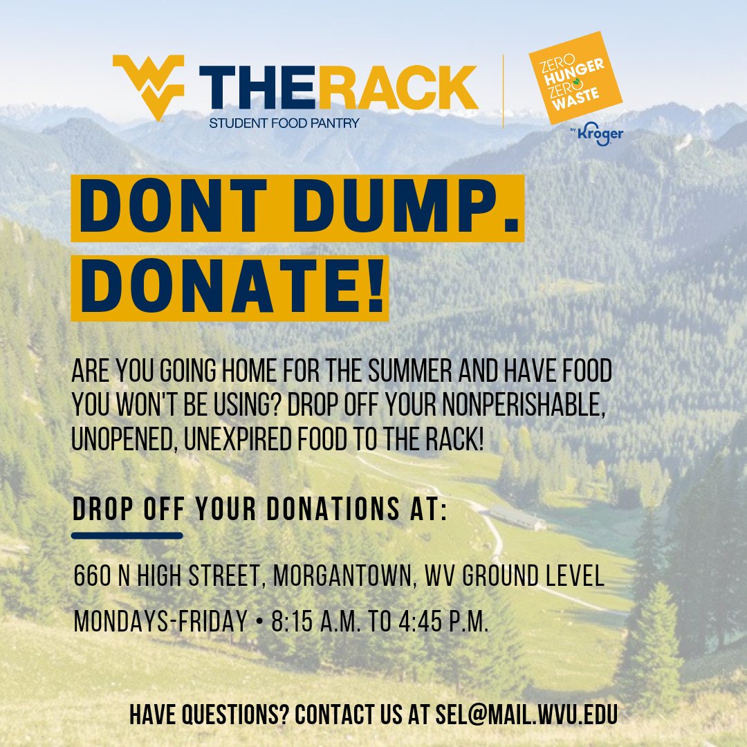 In the process of moving out and have unexpired, unopened food you need to get rid of? Donate it to The Rack this week! We will be open normal hours the remainder of the week and will begin our summer hours next week.