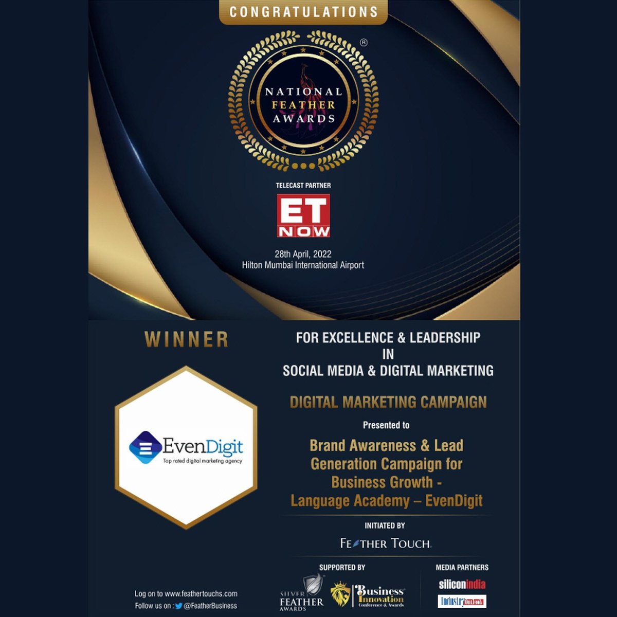 evendigit's tweet photo. EvenDigit is proud to announce that we have won the prestigious award for excellence in #leadership in #socialmedia and #digitalmarketing and accorded as "#NATIONALFEATUREAWARDS #WINNER"๐ for โ#BrandAwareness and #LeadGenerationCampaign for #BusinessGrowthโ.
#BrandingAgency https://t.co/9qdXRlJeQR